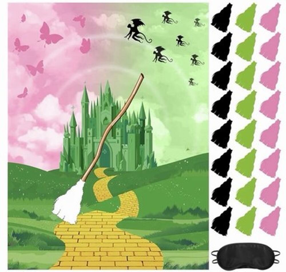 Party Game Set, Pink and Green Witch Decorations, Pin The Broom Poster Stickers